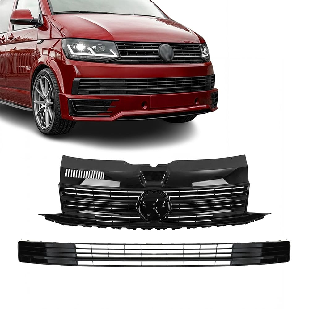 Frontgrill övre + nedre grill VW Transporter T6 (2015–2019) Utan PDC Blank Svart