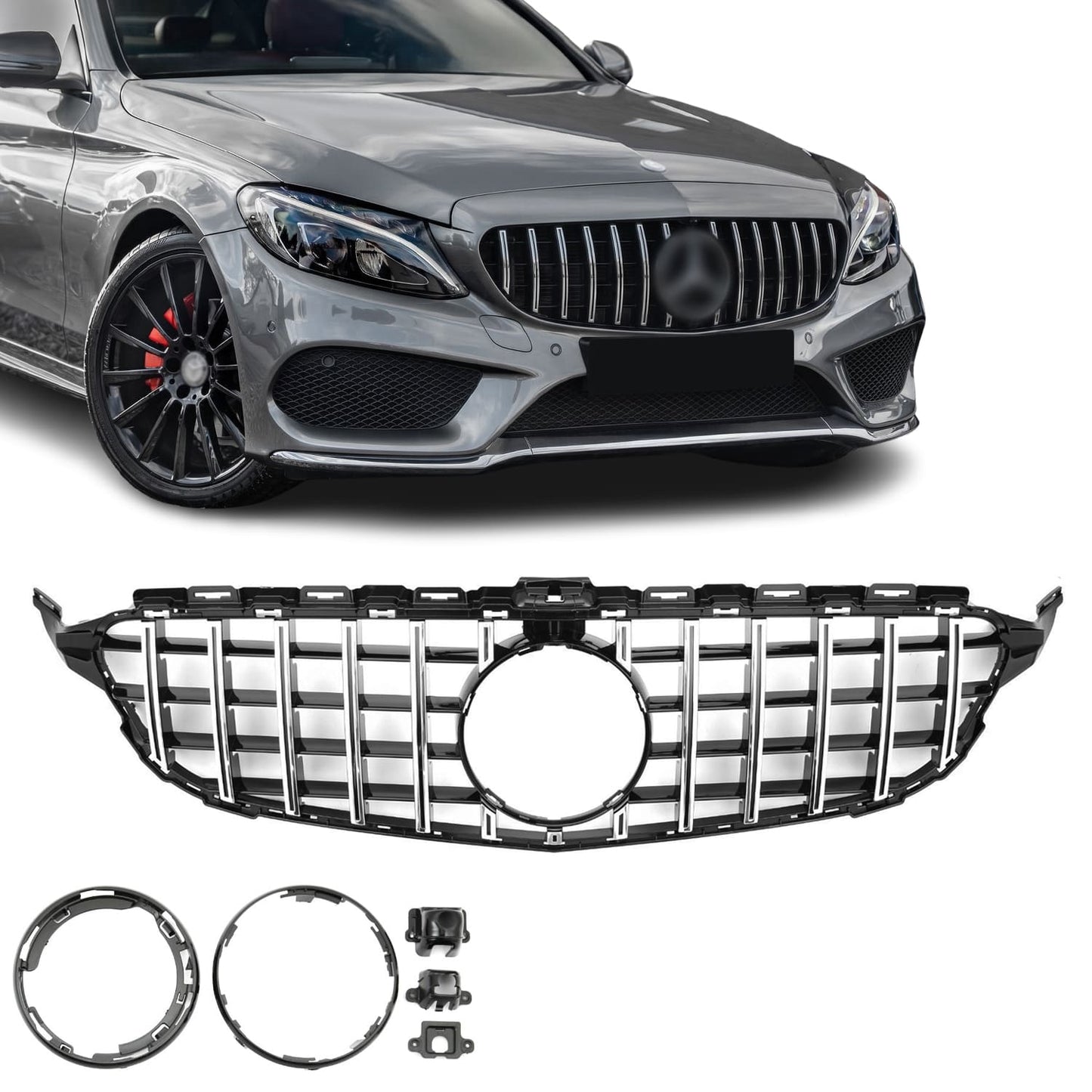Panamericana GT style Grill Mercedes W205 / S205 / C205 Blank svart + krom (14-21)