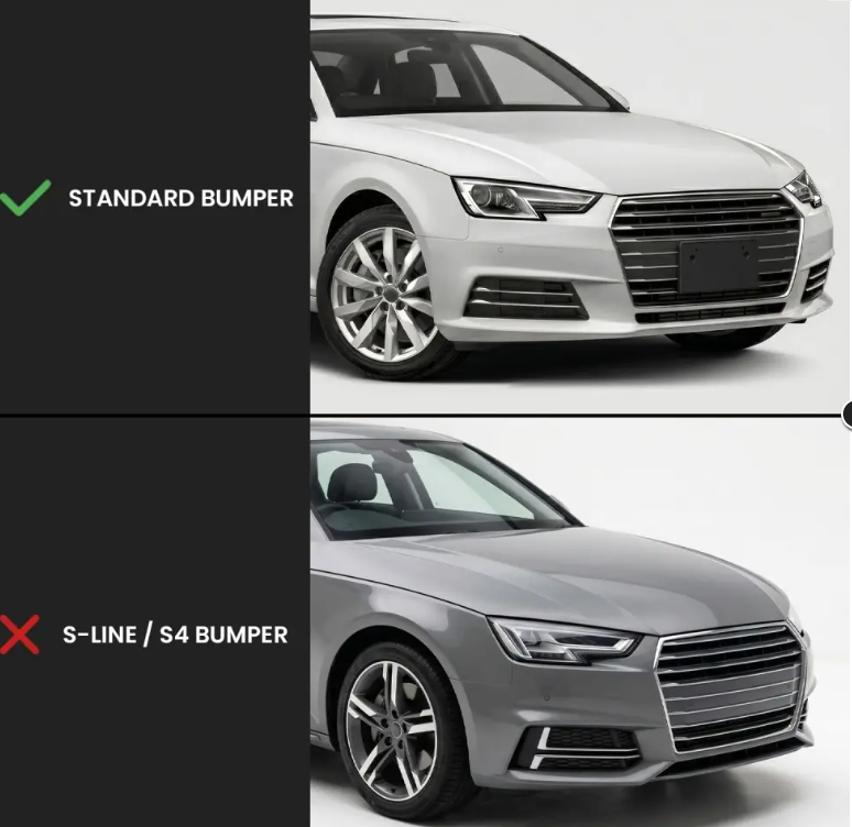 RS-stil Dimljusgrill / Skydd sats för Audi A4 B9 (15-19) standard version, utan distronic, blank svart