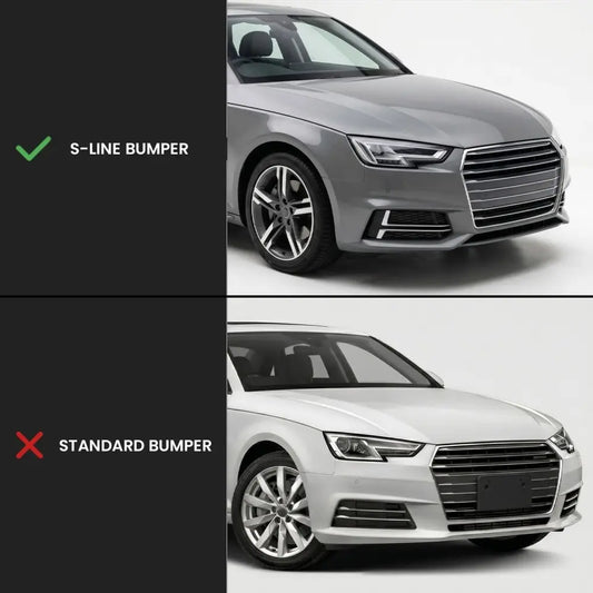 Dimljusgrill för Audi A4 B9 (15-19) S-Line, utan distronic, blank svart + krom