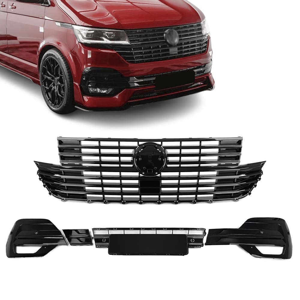 Frontgrill övre + nedre grill VW Transporter T6.1 (2019–2024) Blank Svart