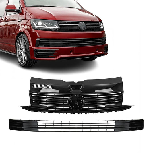 Frontgrill övre + nedre grill VW Transporter T6 (2015–2019) Utan PDC Blank Svart