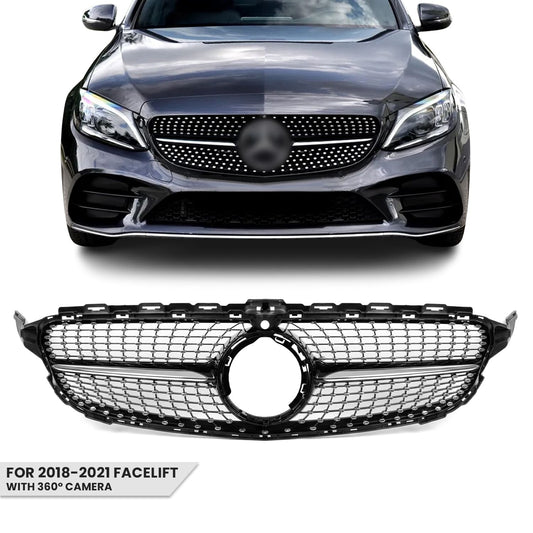 Diamantfront Grill Mercedes med kamera W205 / S205 / C205 Blank svart (18-21)