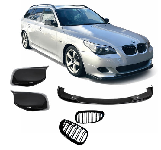 Paket E60/E61 Blank Svart - Spegelkåpor, Njurar & Frontläpp (03-10)