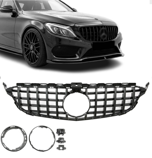 Panamericana GT style Grill Mercedes W205 / S205 / C205 Blank svart (14-21)