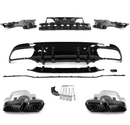 C63-stil Diffuser för bakre stötfångare + Exhaust Tips sats för Mercedes W205 / S205 (14-21) med AMG-line, blank svart