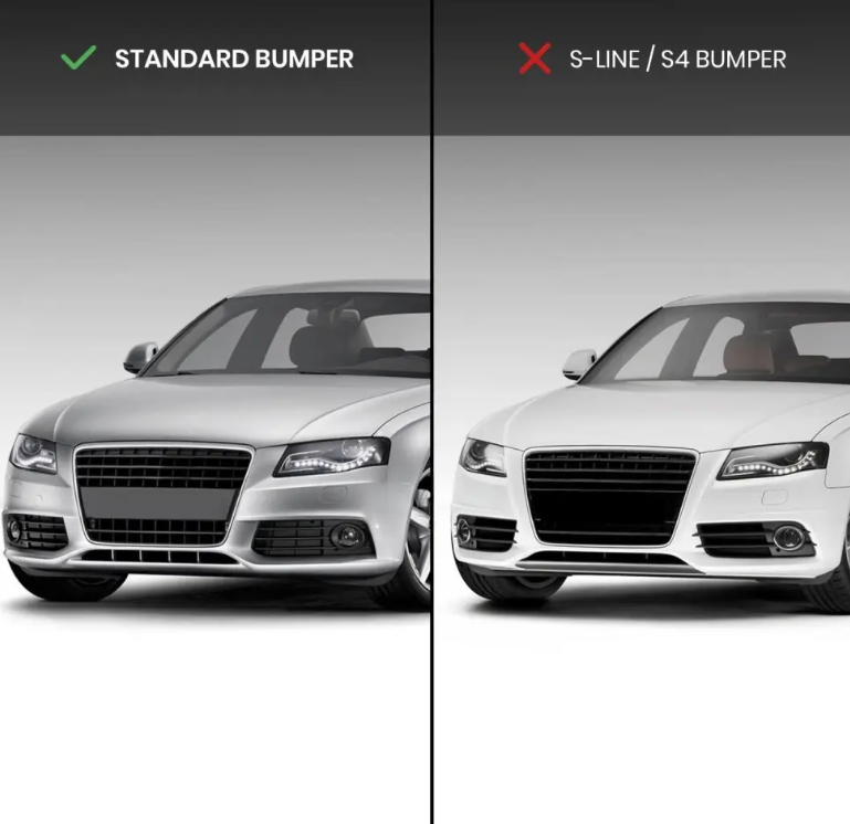 RS-stil Front Central + Dimljusgrill sats för Audi A4 B8 (08-12) standard version, blank svart