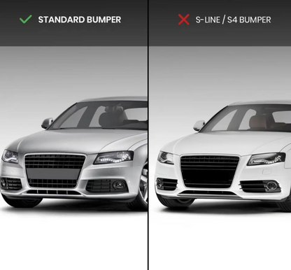 RS-stil Dimljusgrill, Skydd för Audi A4 B8 (08-12) med standard stötfångare, blank svart