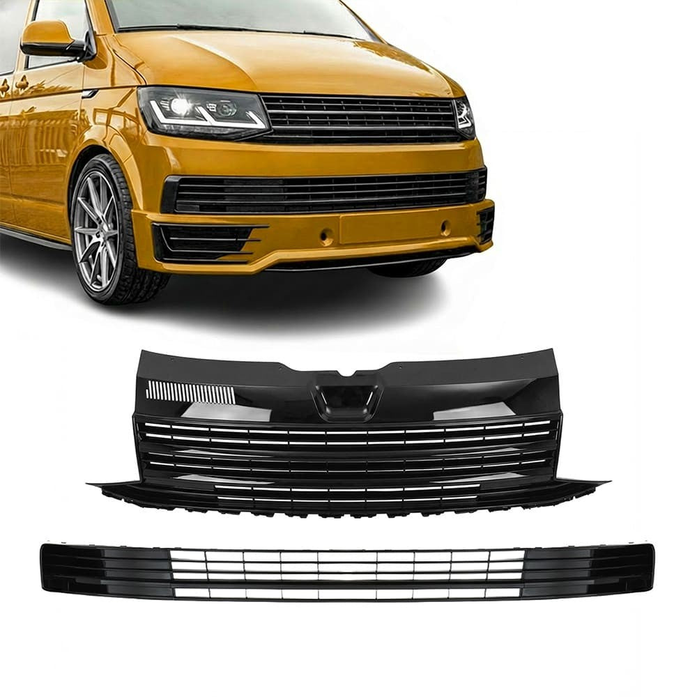 Badgeless Front Upper + Nedre Grill sats för VW T6 (15-19), utan PDC, utan Distronic, blank svart