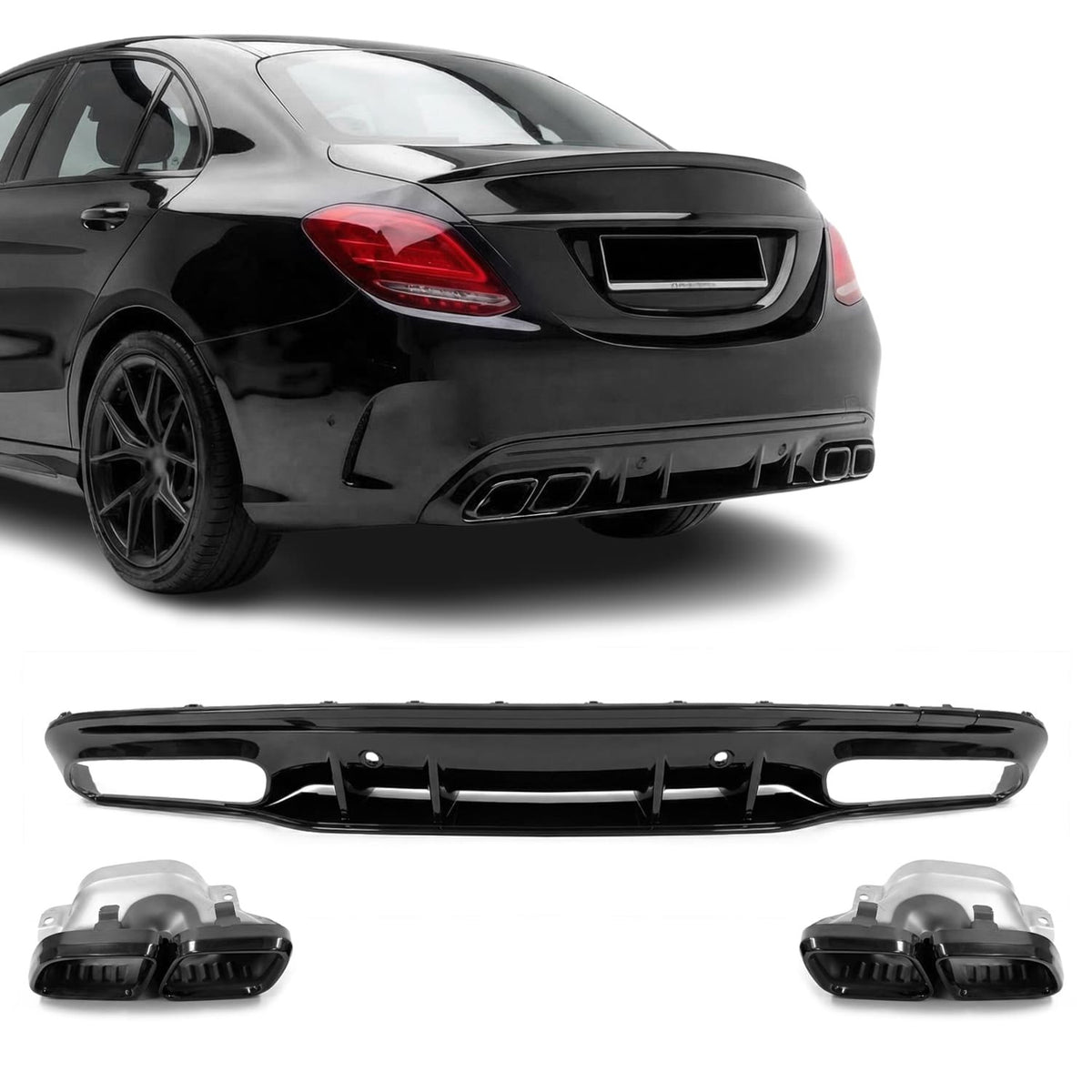 C63-stil Diffuser för bakre stötfångare + Exhaust Tips sats för Mercedes W205 / S205 (14-21) med AMG-line, blank svart