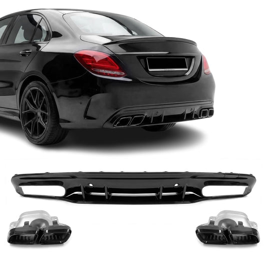 C63-stil Diffuser för bakre stötfångare + Exhaust Tips sats för Mercedes W205 / S205 (14-21) med AMG-line, blank svart