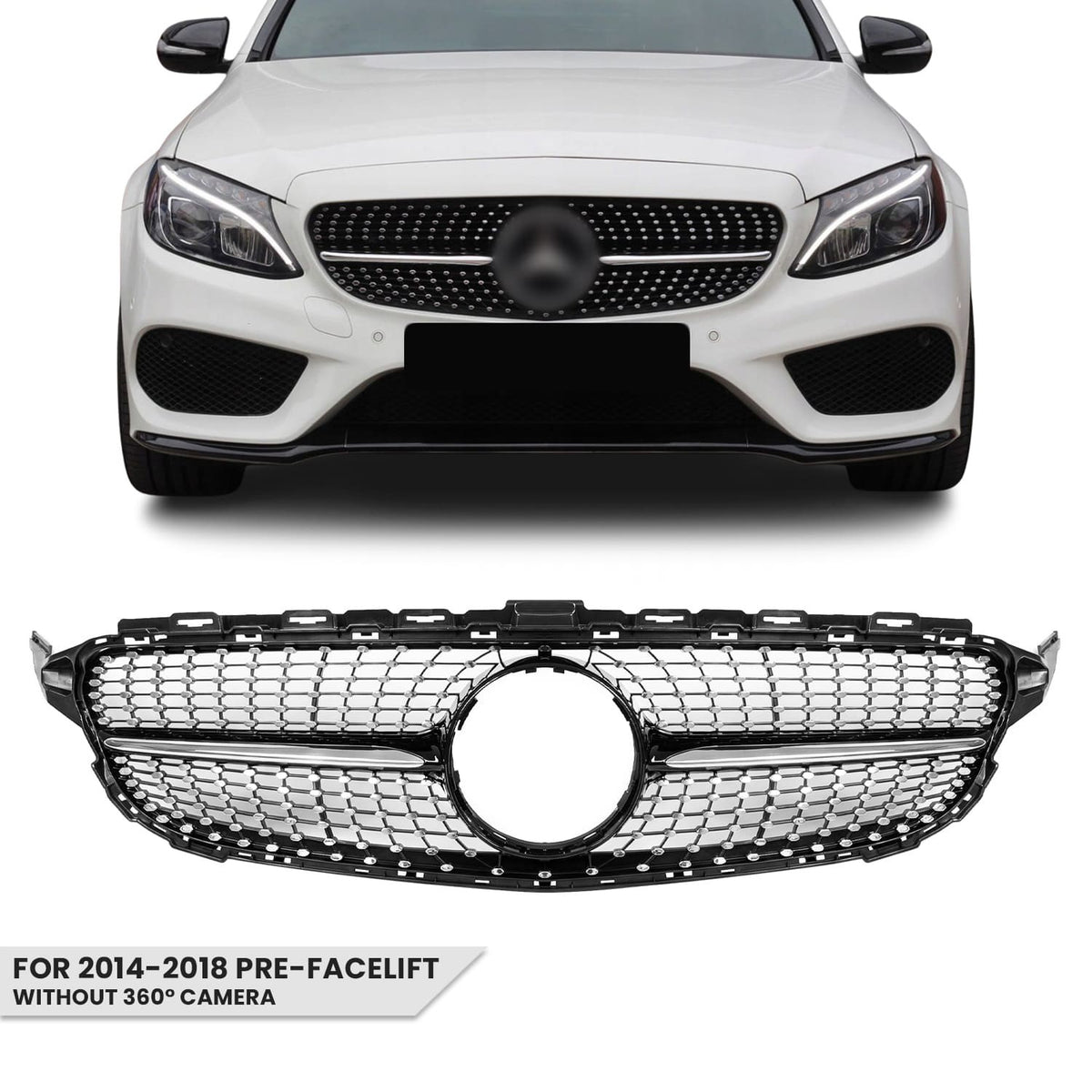 Diamantgrill för Mercedes-Benz W205 / S205 / C205 (14-18) pre-facelift, utan camera, chrome + svart