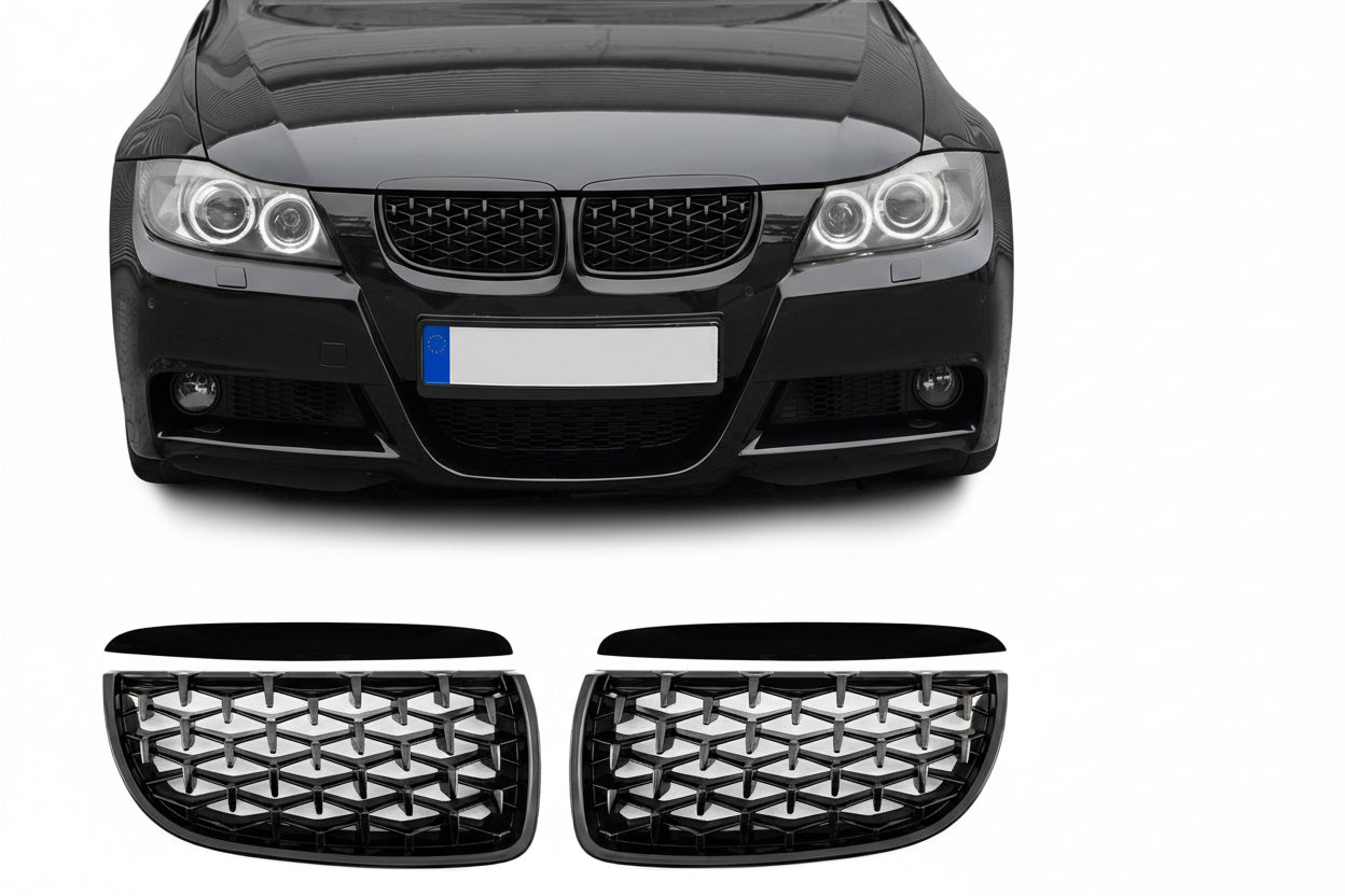 Diamond Främre njurar för BMW E90 / E91 PRE-LCI (05-08), blank svart