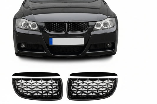 Diamond Främre njurar för BMW E90 / E91 PRE-LCI (05-08), blank svart