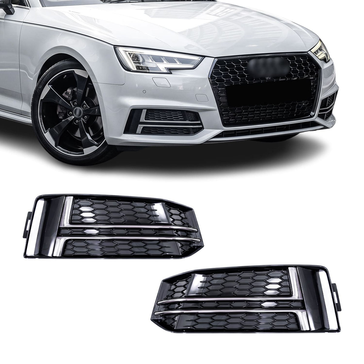 Dimljusgrill för Audi A4 B9 (15-19) S-Line, utan distronic, blank svart + krom