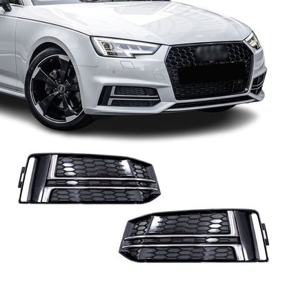 Dimljusgrill för Audi A4 B9 (15-19) S-Line, utan distronic, blank svart + krom