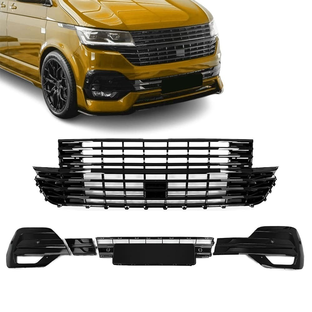 Badgeless Front Upper + Nedre Grill sats för VW T6.1 (19-24), blank svart