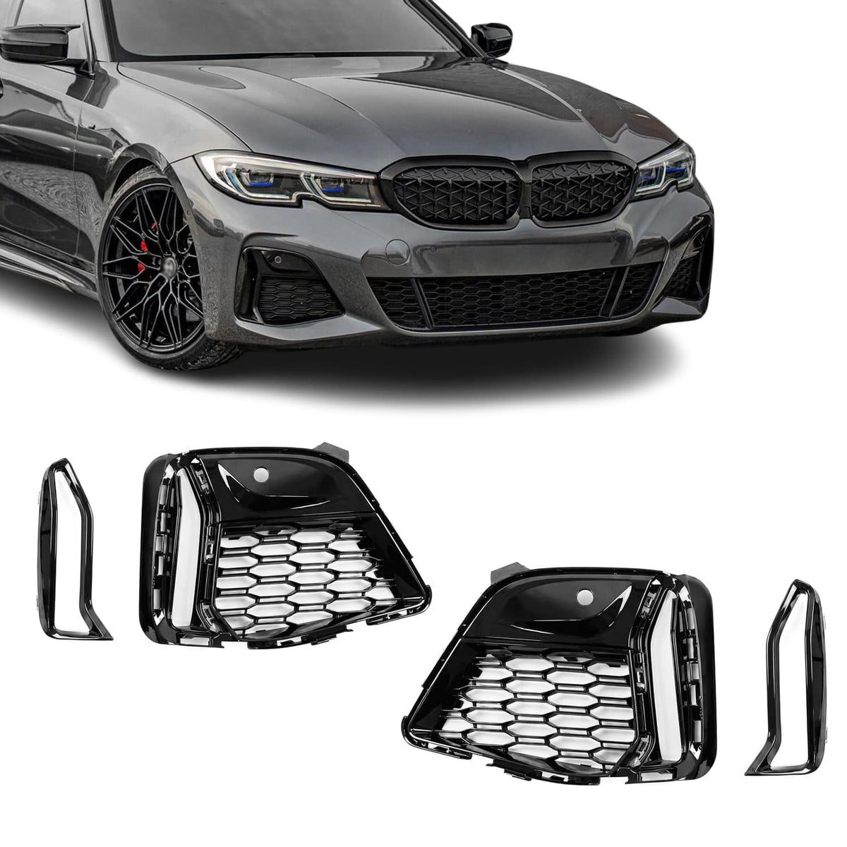 M340-stil Främre stötfångare Dimljus delete Grill sats för BMW G20 / G21 (18-22), blank svart
