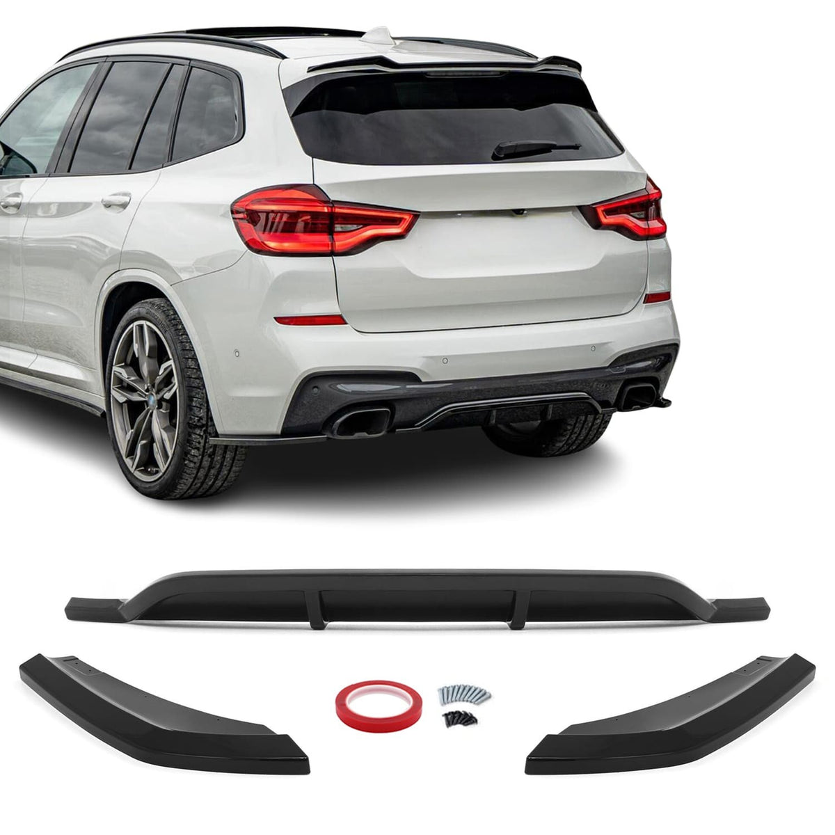MX-stil Diffuser för bakre stötfångare + splitters sats för BMW X3 G01 PRE-LCI (18-21) med M-Pack, blank svart
