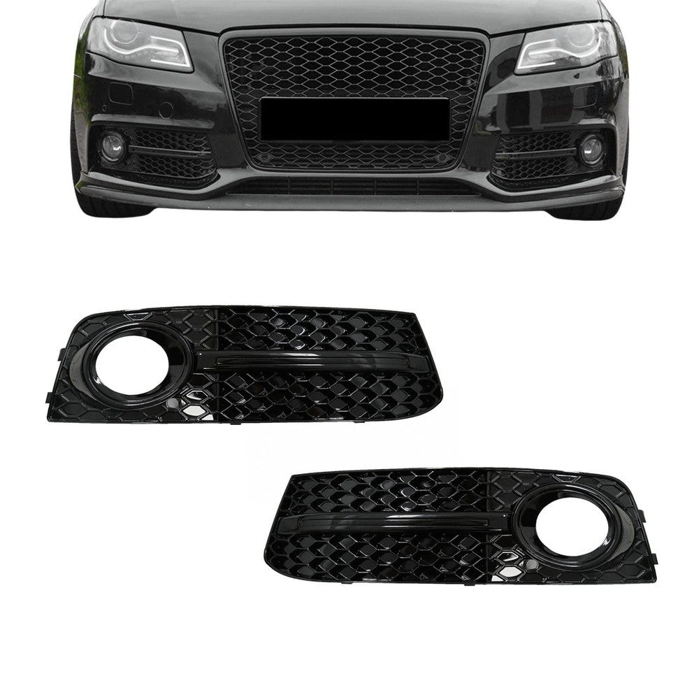 RS-stil Dimljusgrill, Skydd för Audi A4 B8 (08-12) med standard stötfångare, blank svart