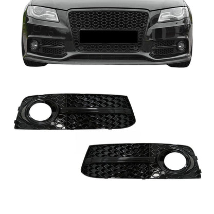 RS-stil Dimljusgrill, Skydd för Audi A4 B8 (08-12) med standard stötfångare, blank svart