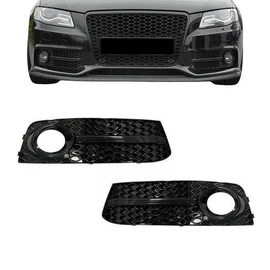 RS-stil Dimljusgrill, Skydd för Audi A4 B8 (08-12) med standard stötfångare, blank svart