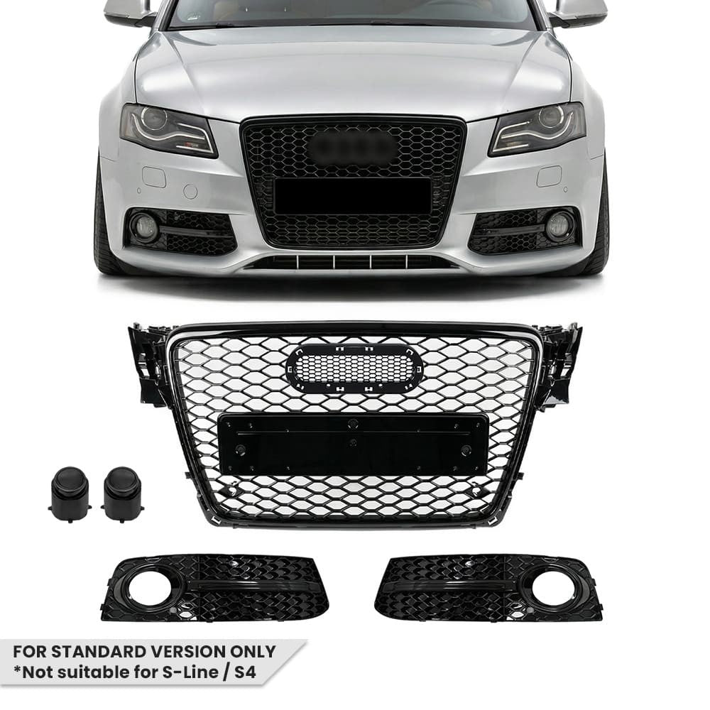 RS-stil Front Central + Dimljusgrill sats för Audi A4 B8 (08-12) standard version, blank svart