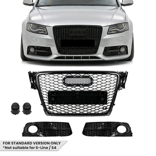 RS-stil Front Central + Dimljusgrill sats för Audi A4 B8 (08-12) standard version, blank svart