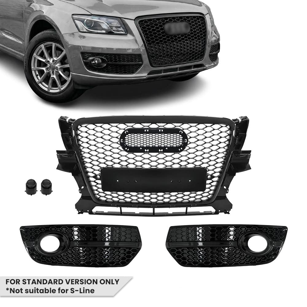 RS-stil Front Central + Dimljusgrill sats för Audi Q5 8R pre-facelift (09-12) standard version, blank svart