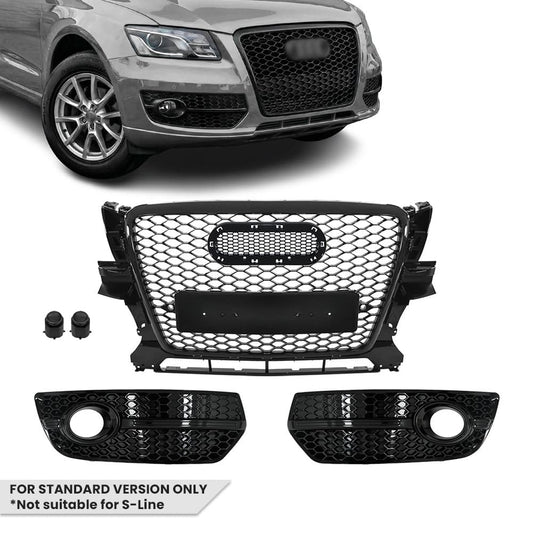 RS-stil Front Central + Dimljusgrill sats för Audi Q5 8R pre-facelift (09-12) standard version, blank svart