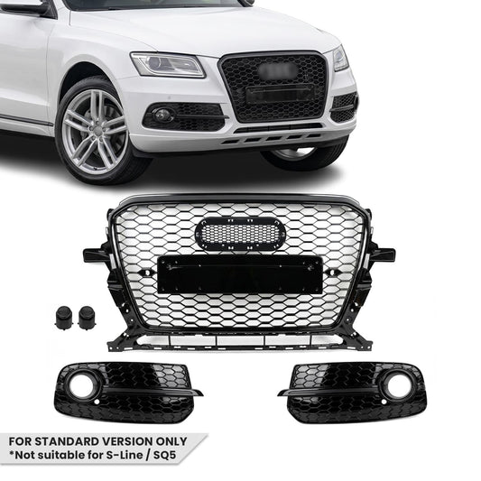 RS-stil Frontgrill + Dimljusgrillset för Audi Q5 8R facelift (12-17) standardversion, blank svart