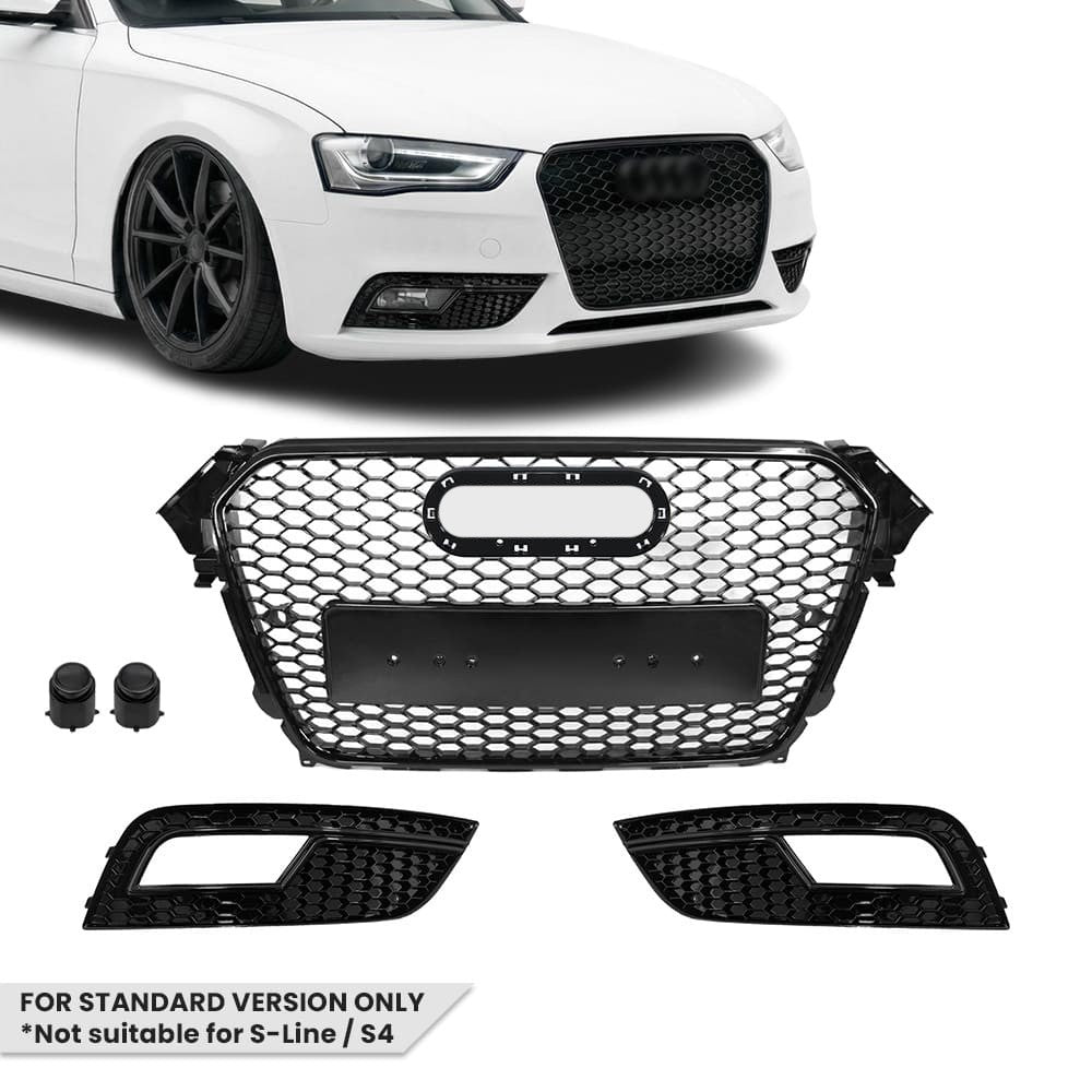 RS-stil Front Central + Dimljusgrill sats för Audi A4 B8.5 (12-15) standard version, blank svart