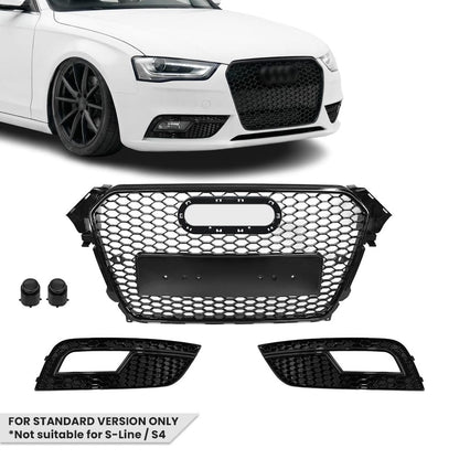 RS-stil Front Central + Dimljusgrill sats för Audi A4 B8.5 (12-15) standard version, blank svart