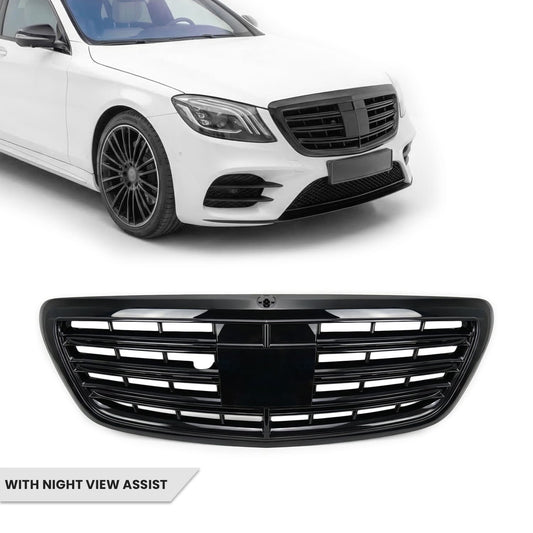 S65-stil Frontgrill för Mercedes-Benz W222 (13-20) med Night View Assist, blank svart